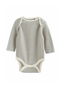 Pitkähihainen vauvan body vaalean kermanvärisenä, jossa on tummansiniset vaakaraitat. Ominaisuuksiin kuuluu pehmeä kangas, pyöreä kaula-aukko ja nepparit pohjassa.