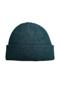 Donker teal gebreide beanie met een geribbelde textuur, voorzien van een omgeslagen rand aan de onderkant en een gladde, naadloze bovenkant.