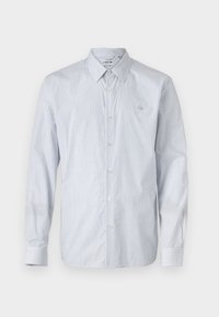 Camisa de manga larga a rayas en mezcla de algodón azul claro y blanco. Presenta cierre de botones, un cuello clásico y un pequeño logo bordado en el pecho.