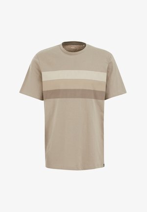 T-shirt beige a maniche corte in cotone, con righe orizzontali in beige chiaro e marrone. Collo a girocollo classico e vestibilità standard.