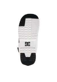 Weiße Skate-Schuhsohle mit schwarzem Traktionsmuster, das eine Gummistruktur, Rillen sowie ein Logo zwischen den Fersen- und Vorfußbereichen aufweist.