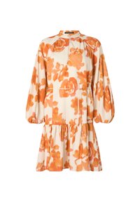 Floral Kleid in Orange- und Cremetönen, mit langen Ärmeln, hohem Halsausschnitt und einem schichtenförmigen Rock mit lockerem Schnitt.