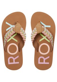 Bruna flip-flops med en flätad flerfärgad rem. Har en stor "ROXY"-logotyp i pastellfärger på sulan. Mjuk texturerad fotbädd.
