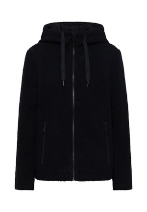 Giacca in pile nera con zip frontale, cappuccio regolabile e tasche laterali con zip. Esterno testurizzato, fodera morbida e lacci piatti.