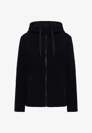 Sort fleecejakke med zip foran, justerbar hætte og sidelommer med lynlås. Textureret ydre, blød foret inderside og flade snore.