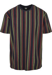 T-shirt à manches courtes couleur marine avec des rayures verticales rouges, vertes et jaunes. Fabriqué en coton, il présente un col rond et une coupe décontractée.