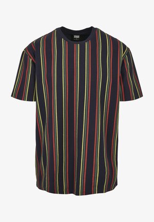 Korte mouwen marineblauw T-shirt met verticale strepen in rood, groen en geel. Gemaakt van katoen met een ronde halslijn en een ontspannen pasvorm.