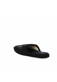 Pantofola nera in tessuto per interni con apertura sul retro, con baffi di gatto ricamati. Suola piatta, interno imbottito e texture morbida al tatto.