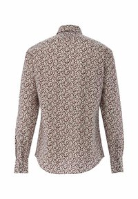 Langarmhemd mit einem burgunderfarbenen Blumenmuster auf einem cremefarbenen Hintergrund, mit einem klassischen Kragen und Knopfmanschetten. Weicher Stoff.
