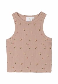 Top senza maniche per bambini di colore rosa a coste, con piccole stampe floreali sparse in tonalità di verde, arancione, giallo e rosa, colletto tondo.
