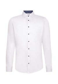 Camicia bianca a maniche lunghe con colletto classico, bottoni neri e un motivo a pois blu navy all'interno del colletto. Finitura in tessuto liscia.