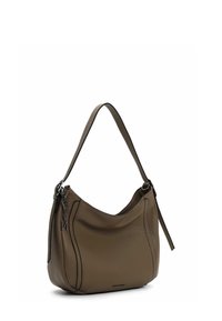 Brown leather hobo bag with a textured surface, curved shape, adjustable strap, and contrast stitching. Features a zip closure and logo detail.