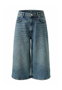 Denim culottes in middelblauw. Heeft een hoge taille, sluiting met een knop aan de voorkant en twee zijzakken. De stof heeft een gladde, licht vervaagde textuur.