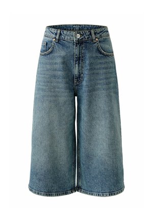 Denim-Culottes in mittelblau. Mit hoher Taille, vorderem Knopfverschluss und zwei Seitentaschen. Der Stoff hat eine glatte, leicht ausgewaschene Textur.