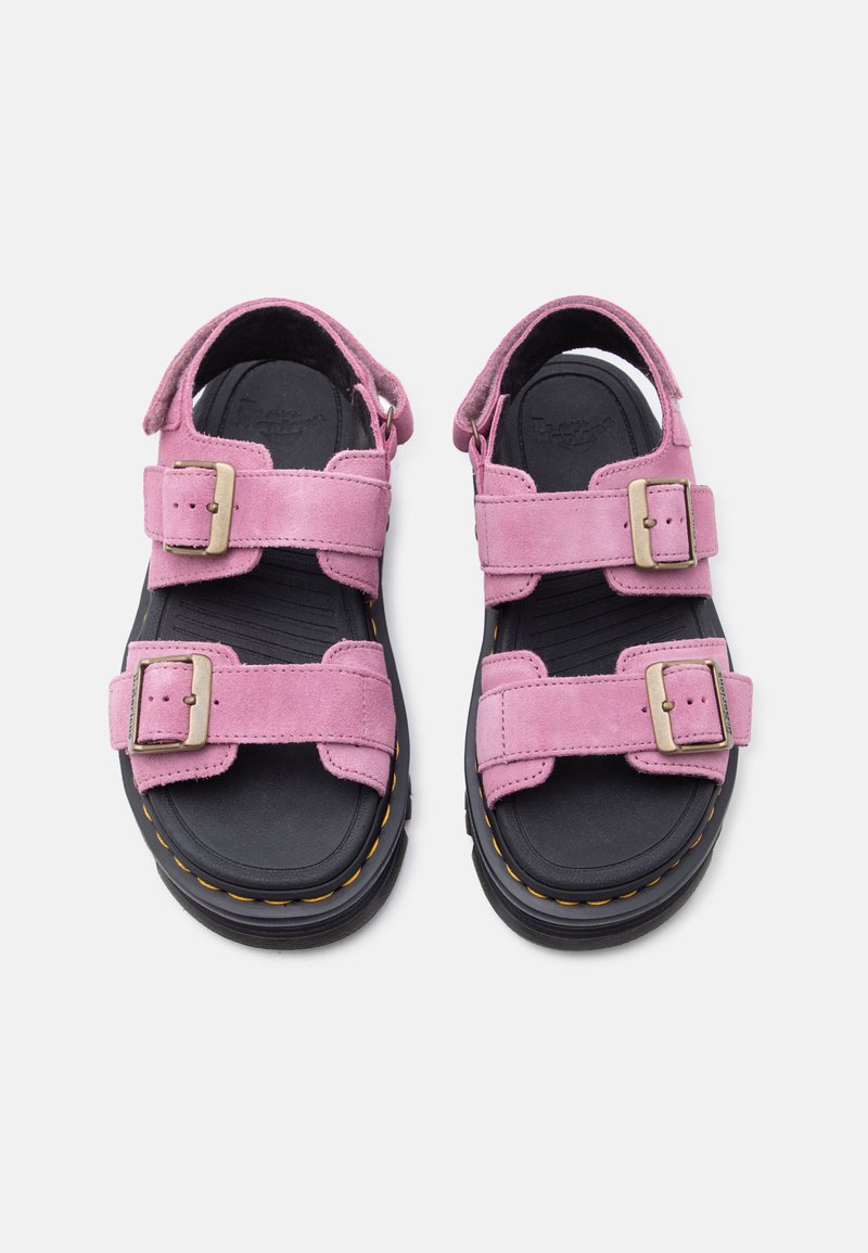 Schwarze Sandalen mit schwarzer Sohle, zwei verstellbaren rosa Wildlederriemen und Schnallen an jedem, von oben vor weißem Hintergrund gesehen.