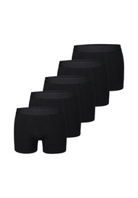 Czarne bawełniane bokserki z miękkim pasem, o dopasowanym kroju i bez widocznych wzorów, ułożone w rzędzie po pięć.