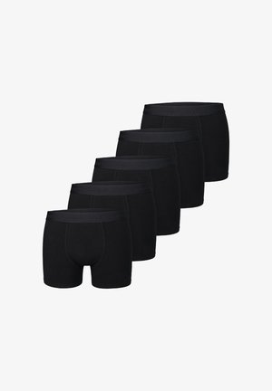 Czarne bawełniane bokserki z miękkim pasem, o dopasowanym kroju i bez widocznych wzorów, ułożone w rzędzie po pięć.