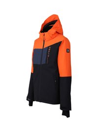 Giacca a cappuccio da uomo con blocchi di colore arancione, nero e blu scuro, zip frontale e testo brandizzato sul petto e sulla patch della manica.
