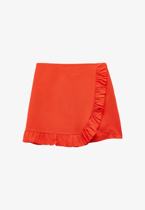 Oranje wikkelrok met een gefröbelde zoom. Gemaakt van lichtgewicht stof, heeft het een soepele textuur en een gelaagd ontwerp langs de rand.