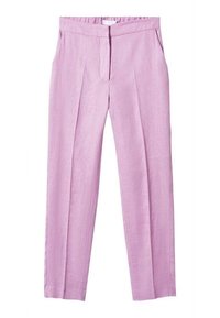 Lila hoch taillierte Maßhose mit vorderen Falten, seitlichen Taschen und einem verdeckten Reißverschluss vorne.