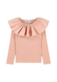Långärmad topp i mjuk rosa tyg med en volangklädd halsringning och rak skärning. Varumärkesetiketten "Molo" är synlig vid kragen.