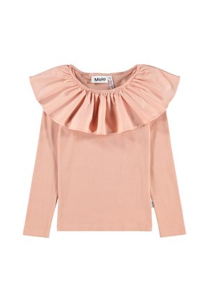 Långärmad topp i mjuk rosa tyg med en volangklädd halsringning och rak skärning. Varumärkesetiketten "Molo" är synlig vid kragen.
