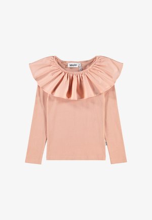Langärmliges Oberteil aus zartem rosa Stoff mit Rüschenausschnitt und geradem Schnitt. Das Markenlabel "Molo" ist am Kragen sichtbar.