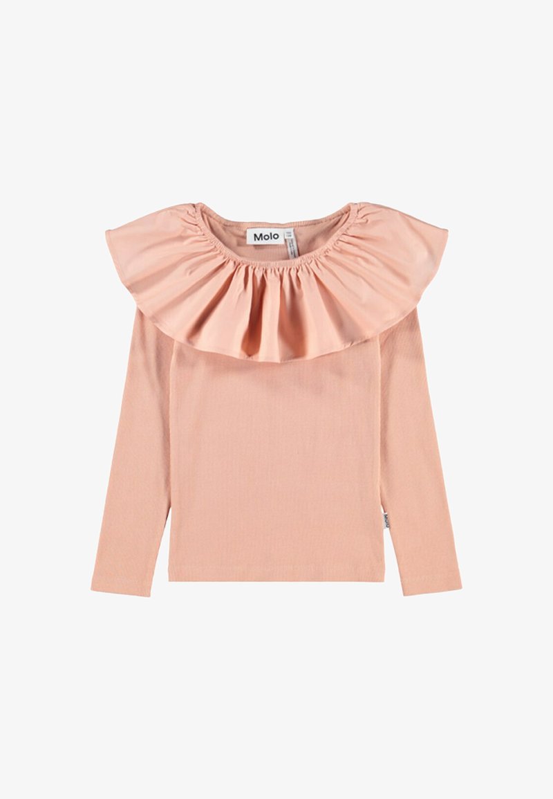 Dlouhý rukáv top v měkké růžové látce s volánovým výstřihem a rovný střih. Na límci je viditelná značka "Molo".