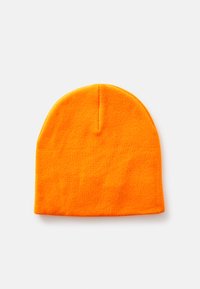 Orange knit beanie with a rounded crown, soft texture, and a small seam detail at the top. Designed for warmth and comfort.