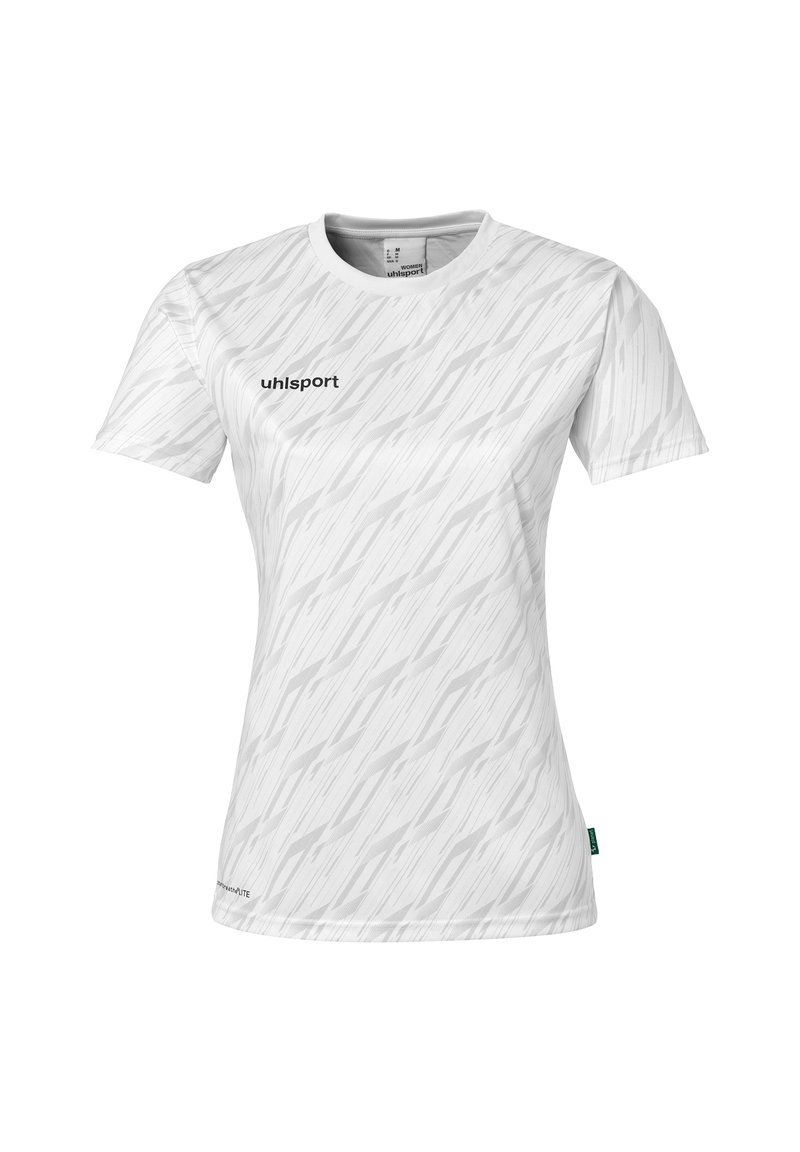 Hvid atletisk T-shirt med et subtilt diagonalt mønster, rund hals, korte ærmer og et sort logo på brystområdet.