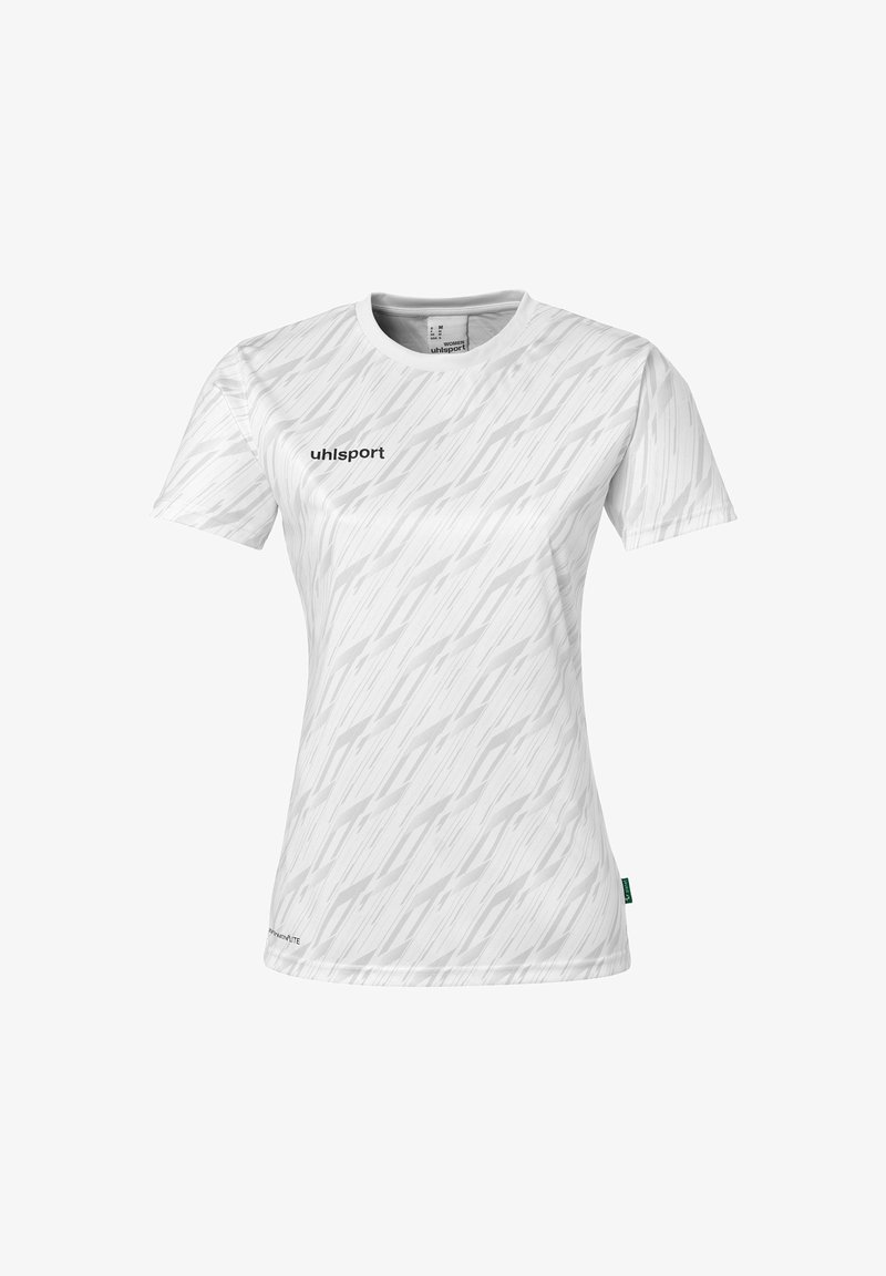 Hvid atletisk T-shirt med et subtilt diagonalt mønster, rund hals, korte ærmer og et sort logo på brystområdet.