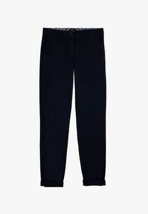 Tumman merininavy-kankaiset chinot, joissa on napillinen suljenta, etutaskut ja käännetyt lahkeet. Sileä pinta klassisella istuvuudella.