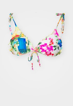 Mitmekesise lillemustriga bikiinide ülaosa, millel on laineline äär, reguleeritavad sidumisrihmad ja dekoratiivsed metallist detailid. Kergest materjalist.