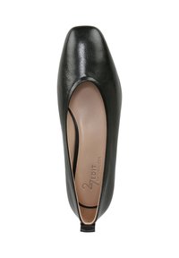 Scarpa in pelle nera con punta quadrata, texture liscia, dettaglio a taglio sui lati e tacco basso. L'interno presenta il nome del marchio impresso.