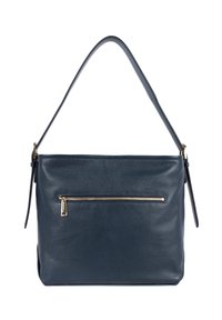 Borsa a tracolla di pelle blu scuro con una singola tracolla, dotata di una tasca anteriore con zip e superficie texturizzata. Accenti in metallo dorato.