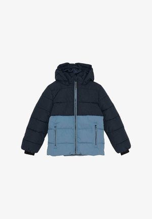 Puffjakke med marineblå overdel og lyseblå underdel. Har hette, frontglidelås og to sidelommer.