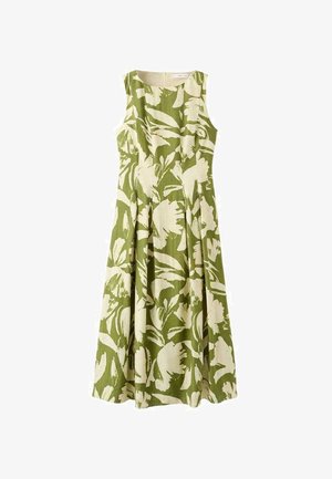 Kvetinové šaty v zelenej a krémovej farbe, bez rukávov, s dĺžkou po kolená a plisovanou textúrou. Vyrobené z ľahkej látky.