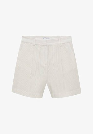 Beige teksturerede shorts med et rutenetmønster, der har en flad front, bæltestropper og to sidelommer. Fremstillet af letvægtsstof.