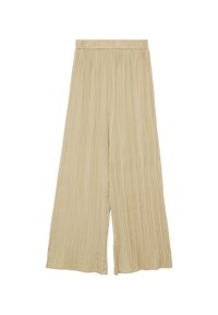 Beige plissierte weite Hosen, die eine glatte Textur, einen elastischen Bund und ein fließendes Design aufweisen. Leichter Stoff mit longitudinalen Falten.