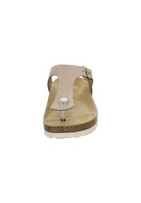 Tan leather thong sandal with a wide strap, soft footbed, and a textured cork sole. Features a decorative buckle and smooth, rounded edges.