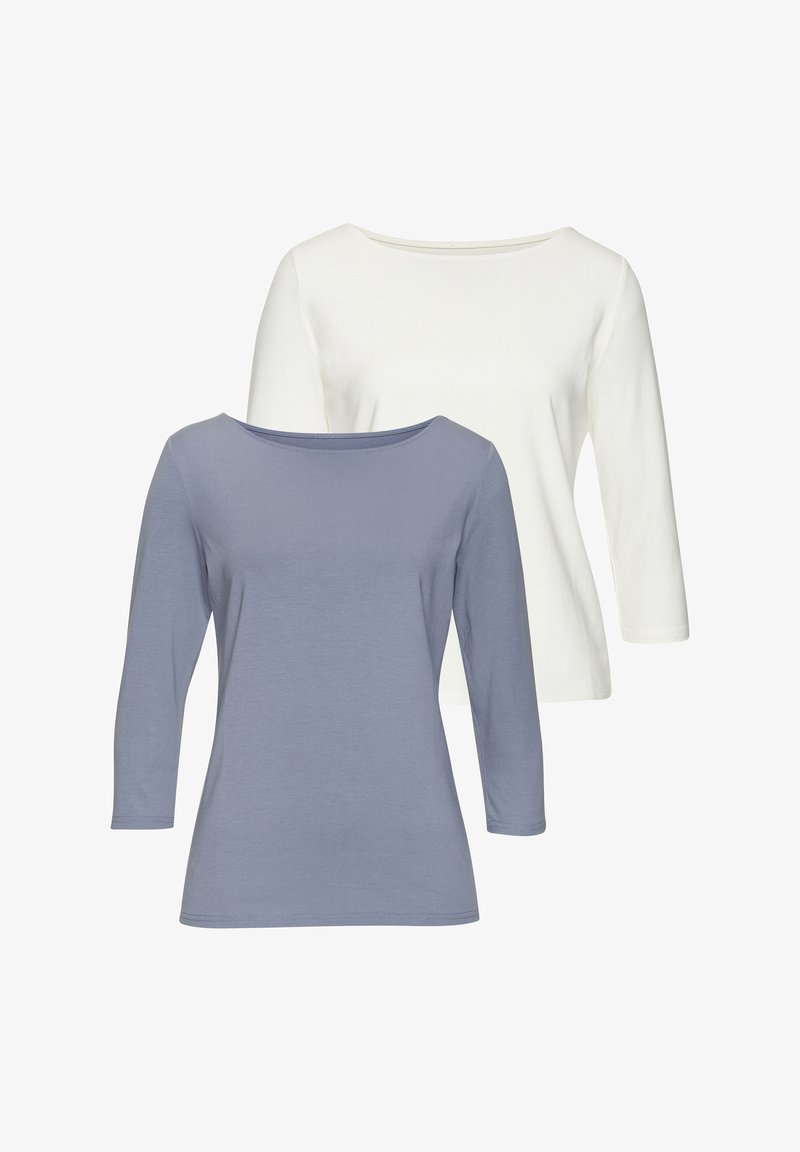 Divas divu garo piedurkņu topi gaiszi zilā un baltā krāsā, ar apaļu kakla izgriezumu un mīkstu kokvilnas audumu. Piemērošana ir brīva ar gludu struktūru.