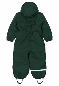 Mono de nieve infantil impermeable en color verde, con capucha, puños elásticos, cintura con cordón y franja reflectante blanca en los tobillos. Textura suave.