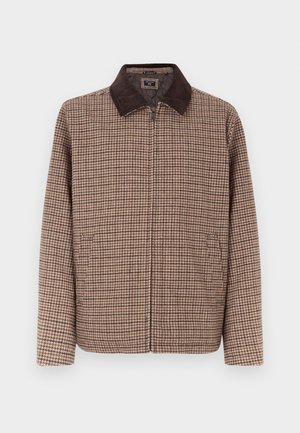 Blazer xadrez castanho com gola em bombazine castanho escuro, possui fecho de correr à frente e dois bolsos laterais. O tecido tem uma textura suave.