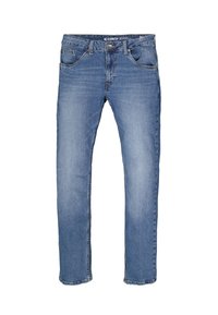 Jeans de mezclilla azul de pierna recta con bolsillos delanteros, pasadores para cinturón y cierre de botón, colocados planos sobre un fondo blanco.