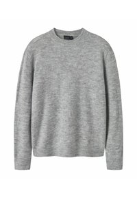 Pull en maille gris avec un col rond, des manches longues, et des poignets et ourlet côtelés. Texture douce et design décontracté.