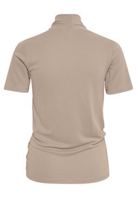 Chemise à manches courtes beige avec un col haut, vue de dos sur fond blanc.