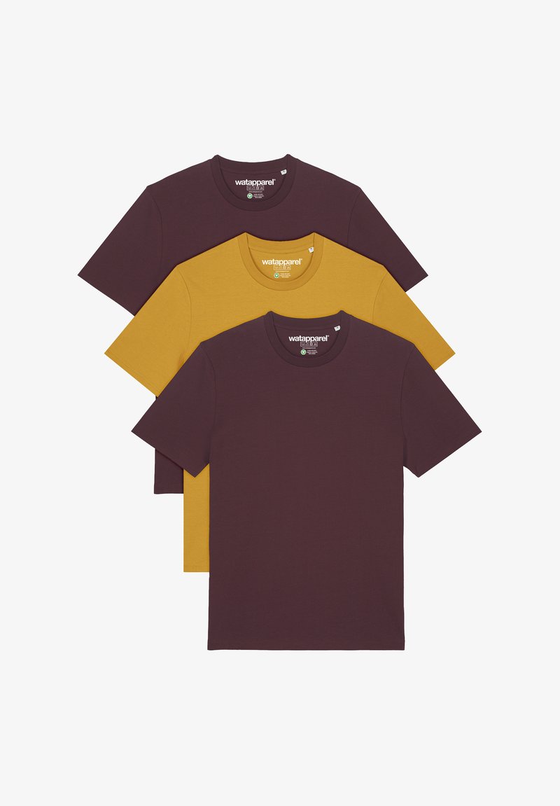 Three t-shirts: one dark burgundy and two mustard yellow. Cotton material with crew neck design and short sleeves. Labels visible inside.