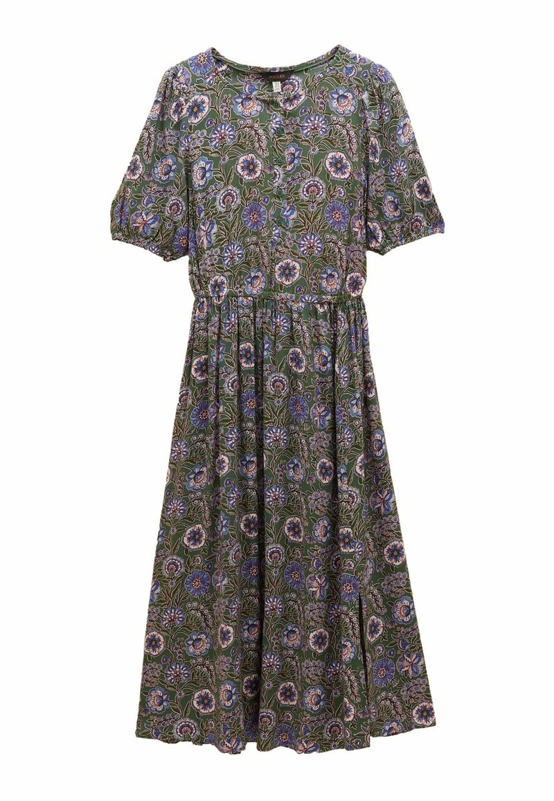 Robe midi verte avec motif floral violet et blanc, manches courtes bouffantes, taille froncée, encolure ronde et boutonnage au devant.