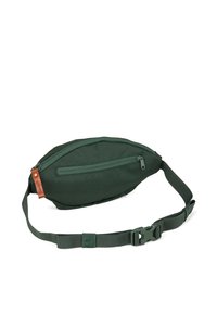 Green fabric waist bag with a rectangular shape, zippered compartments, leather accent, and adjustable strap. Features a smooth texture.