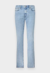 Light blue denim jeans with a straight-leg cut, five-pocket design, and a button closure. Smooth texture and even fading throughout.